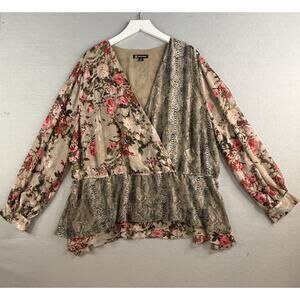 INC Peplum Faux Wrap Top Women's Size 4X Chiffon Floral Snake Mixed Print Sheer